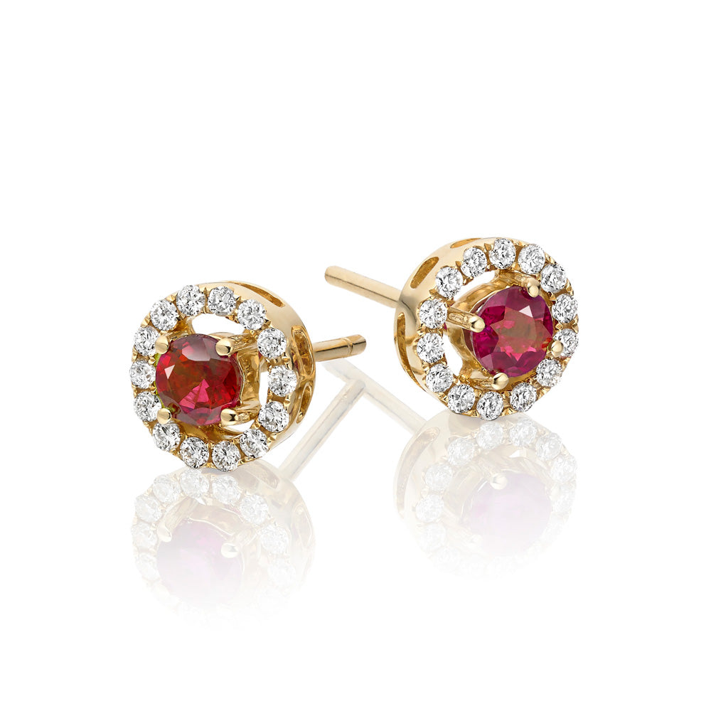 0.45ct Ruby Earrings with Diamond Halo 9K Yellow Gold 