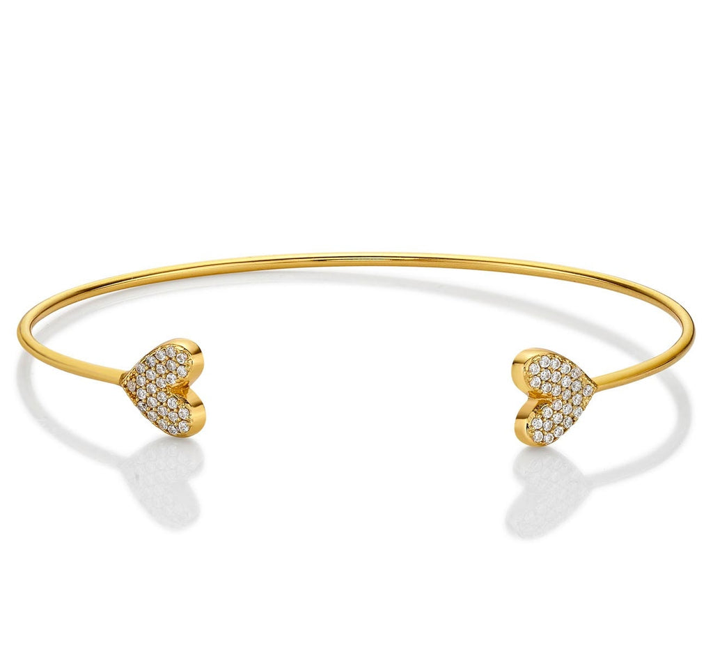 Yellow Gold Plated Sterling Silver Heart Bangle with Cubic Zirconia