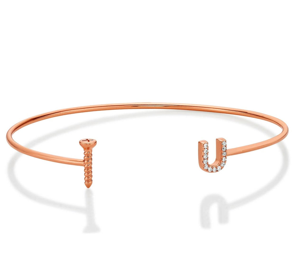 Rose Gold Plated Sterling Silver 'Screw-U' Bangle with Cubic Zirconia