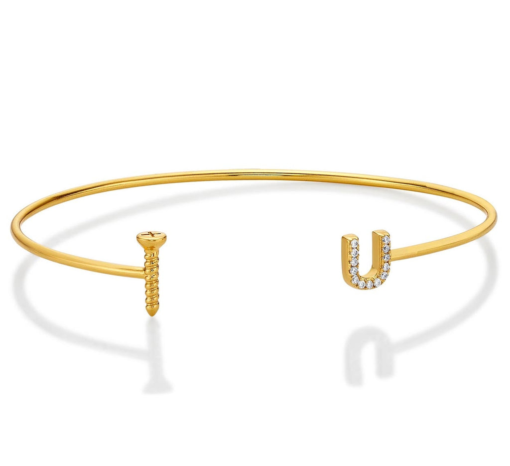 Yellow Gold Plated Sterling Silver 'Screw-U' Bangle with Cubic Zirconia