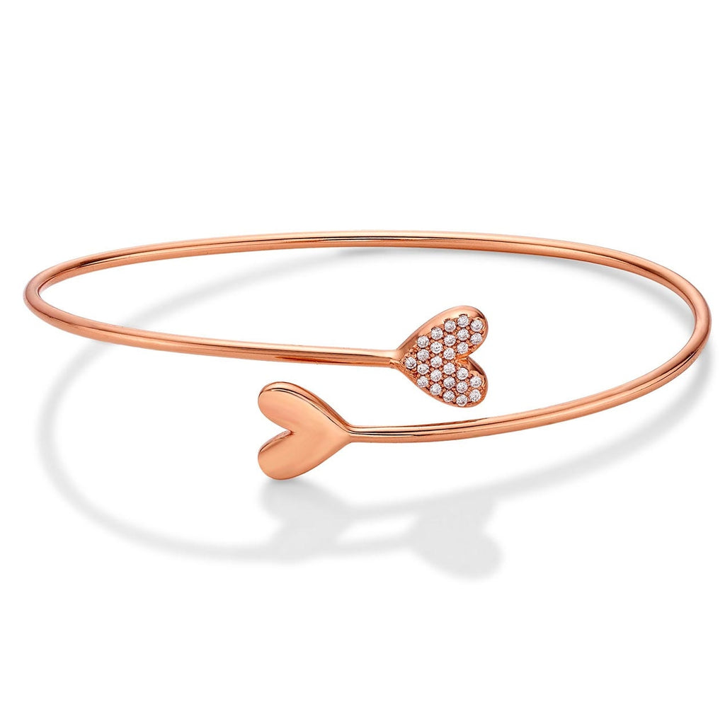 Rose Gold Plated Sterling Silver Twin Heart Bangle with Cubic Zirconia