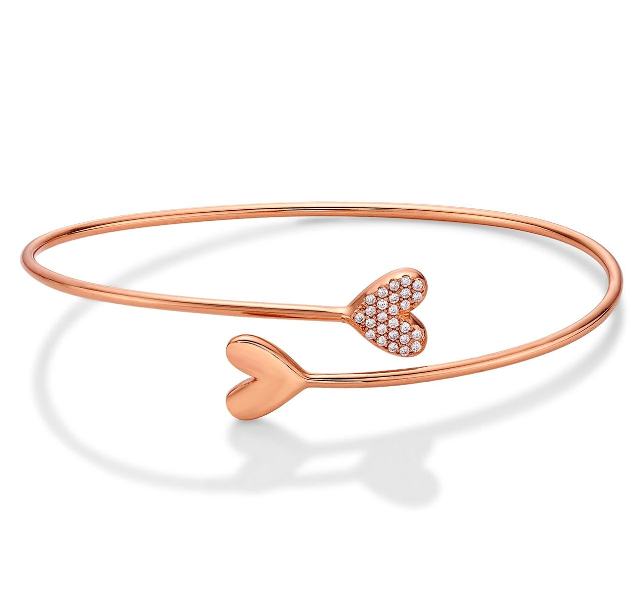 Rose Gold Plated Sterling Silver Twin Heart Bangle with Cubic Zirconia