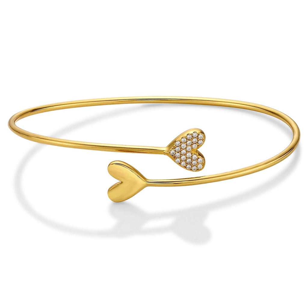 Yellow Gold Plated Sterling Silver Twin Heart Bangle with Cubic Zirconia