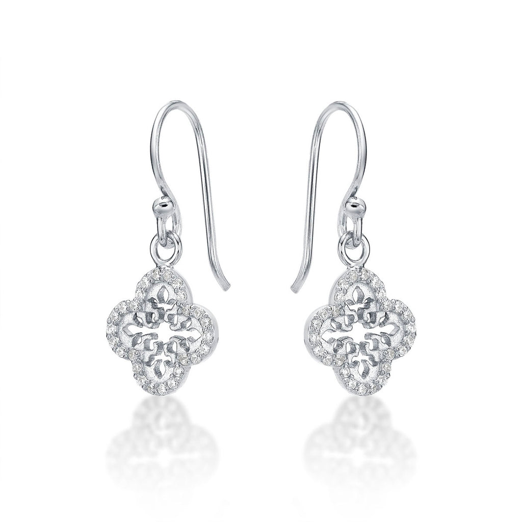 Sterling Silver Clover Drop Earrings with Cubic Zirconia
