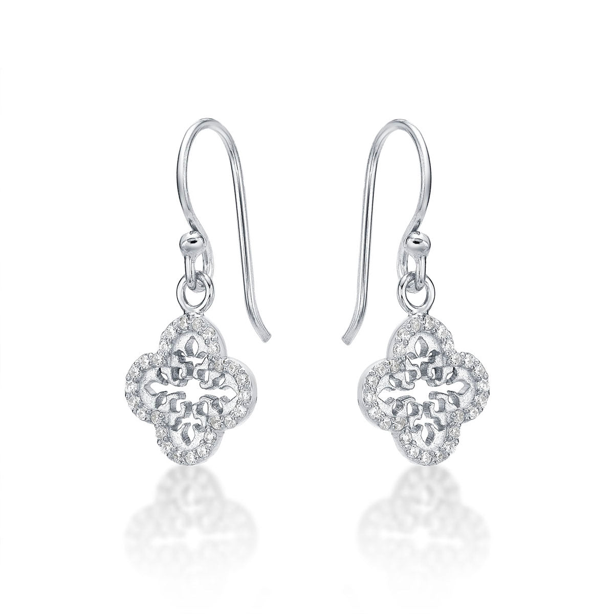 Sterling Silver Clover Drop Earrings with Cubic Zirconia