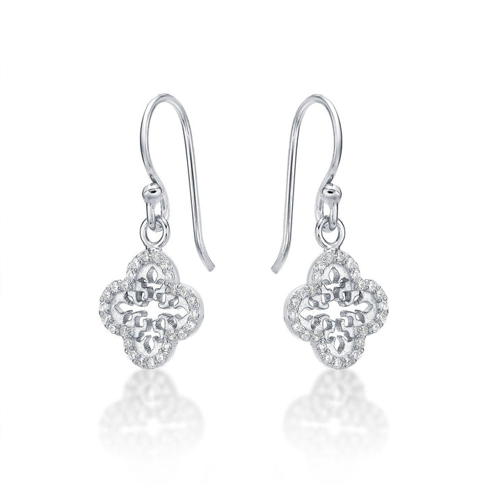 Sterling Silver Clover Drop Earrings with Cubic Zirconia