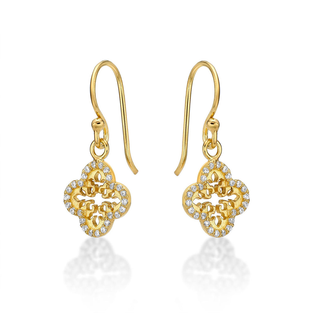 Yellow Gold Plated Sterling Silver Clover Earrings with Cubic Zirconia