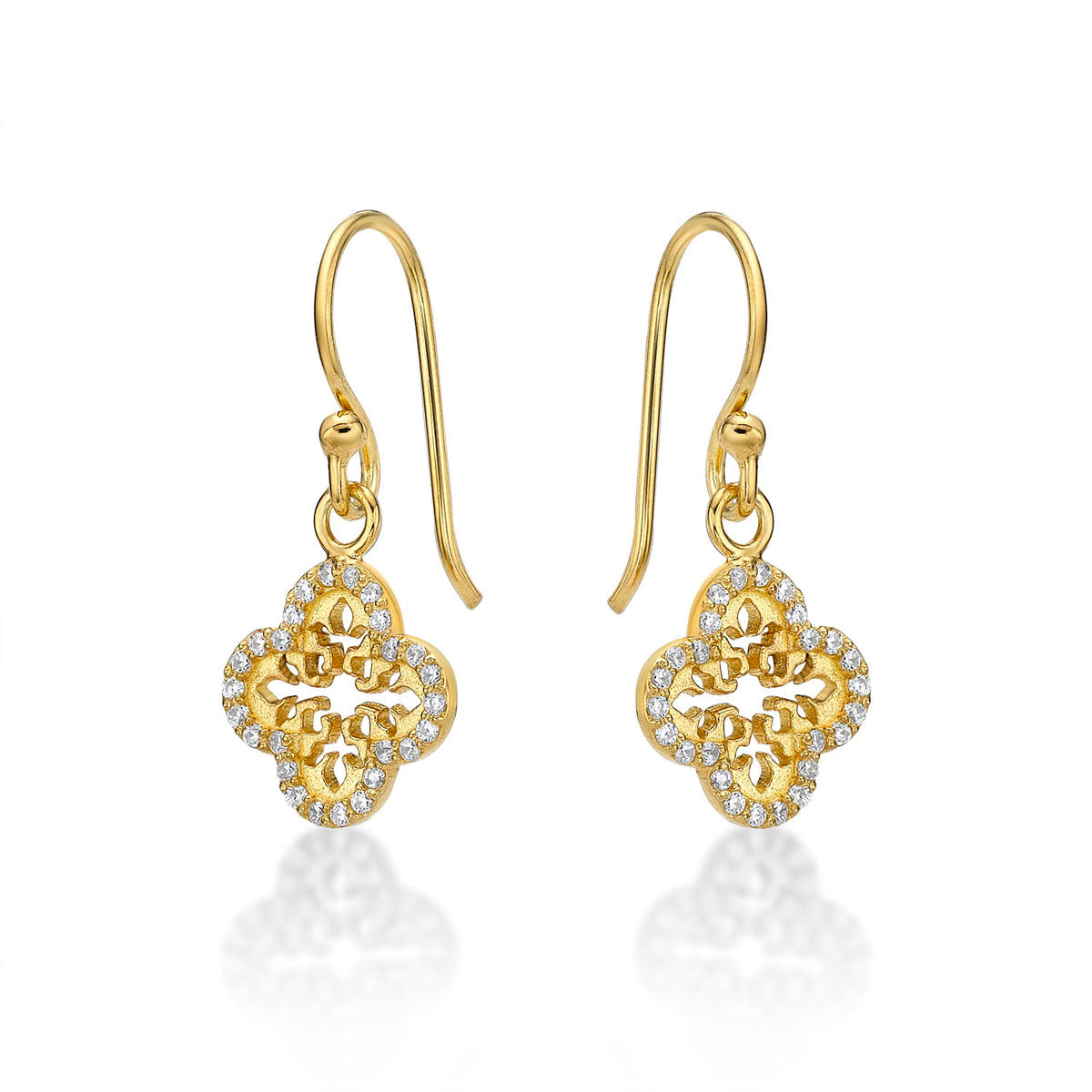 Yellow Gold Plated Sterling Silver Clover Earrings with Cubic Zirconia