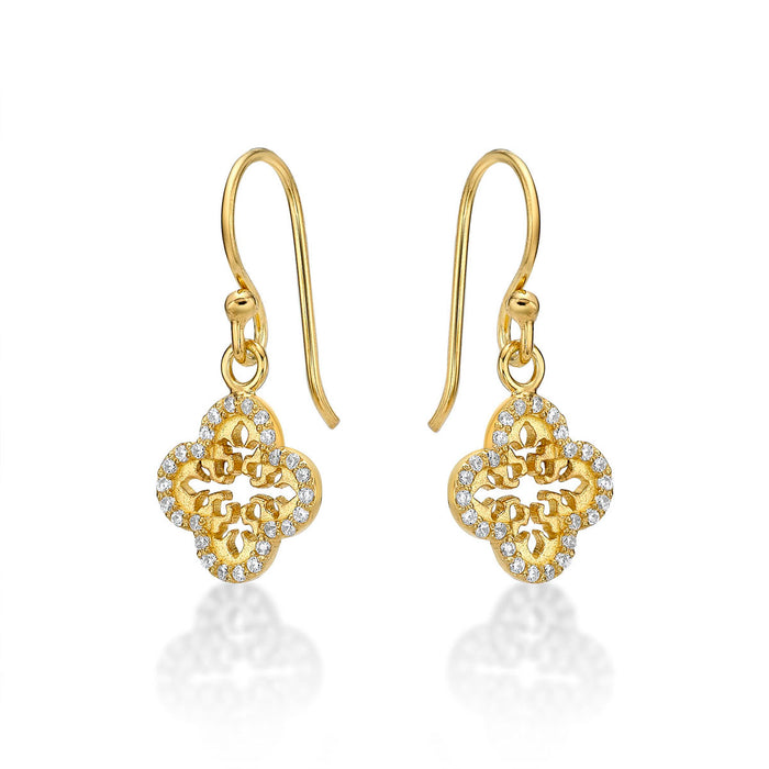 Yellow Gold Plated Sterling Silver Clover Earrings with Cubic Zirconia