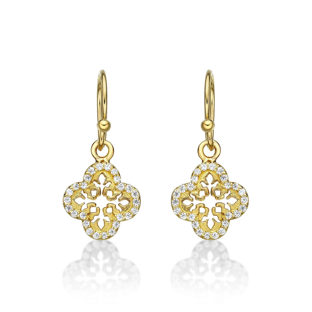 Yellow Gold Plated Sterling Silver Clover Earrings with Cubic Zirconia