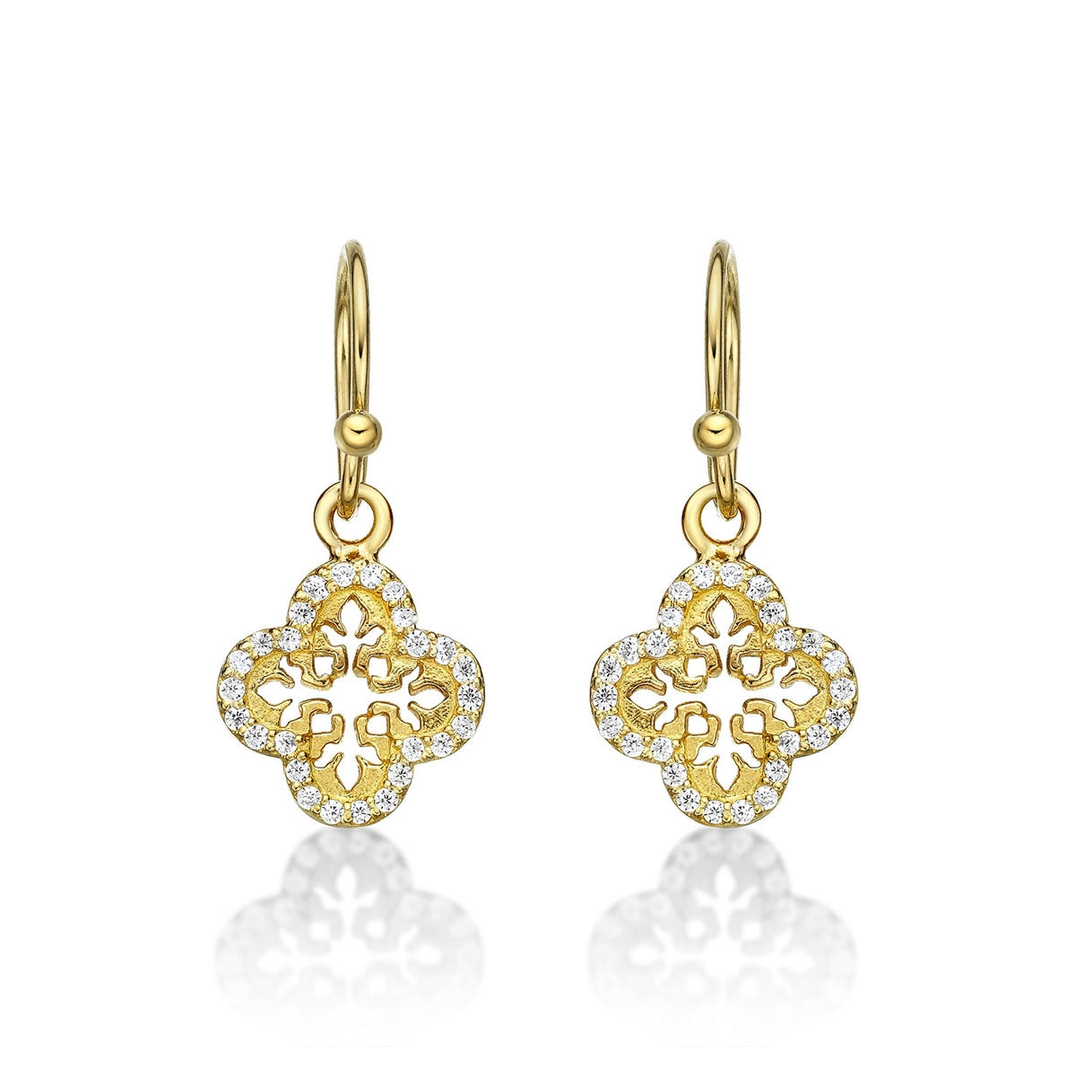 Yellow Gold Plated Sterling Silver Clover Earrings with Cubic Zirconia