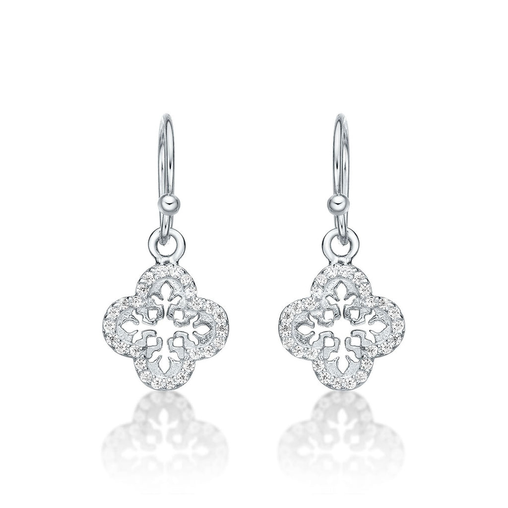 Sterling Silver Clover Drop Earrings with Cubic Zirconia