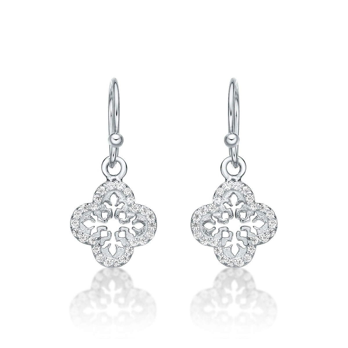 Sterling Silver Clover Drop Earrings with Cubic Zirconia