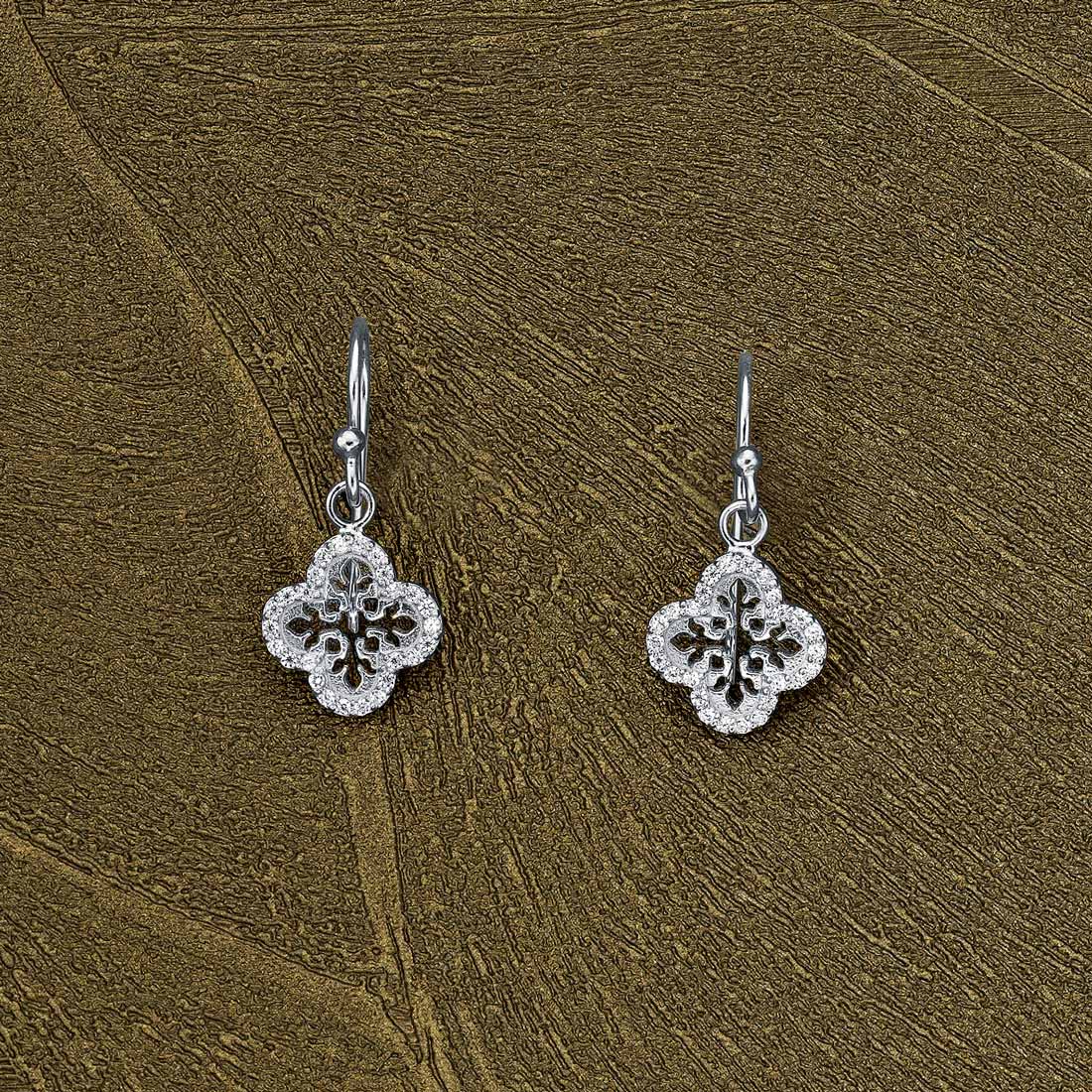 Sterling Silver Clover Drop Earrings with Cubic Zirconia