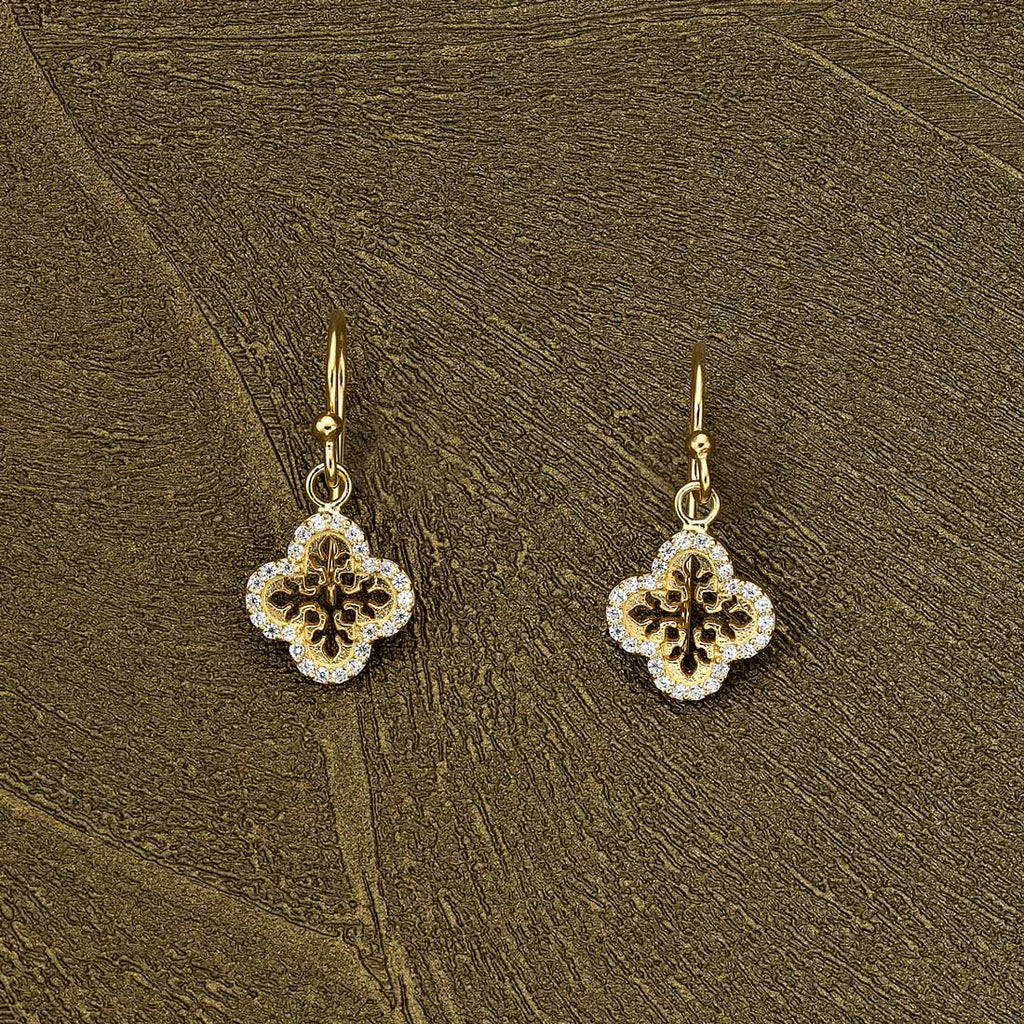 Yellow Gold Plated Sterling Silver Clover Earrings with Cubic Zirconia
