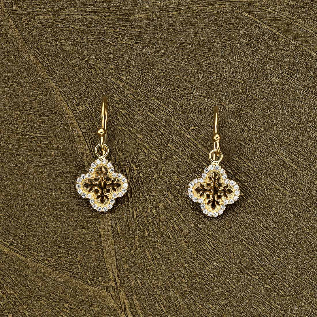Yellow Gold Plated Sterling Silver Clover Earrings with Cubic Zirconia