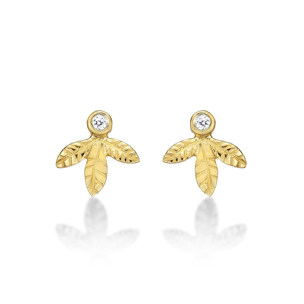 Yellow Gold Plated Sterling Silver Leaf Earrings with Cubic Zirconia