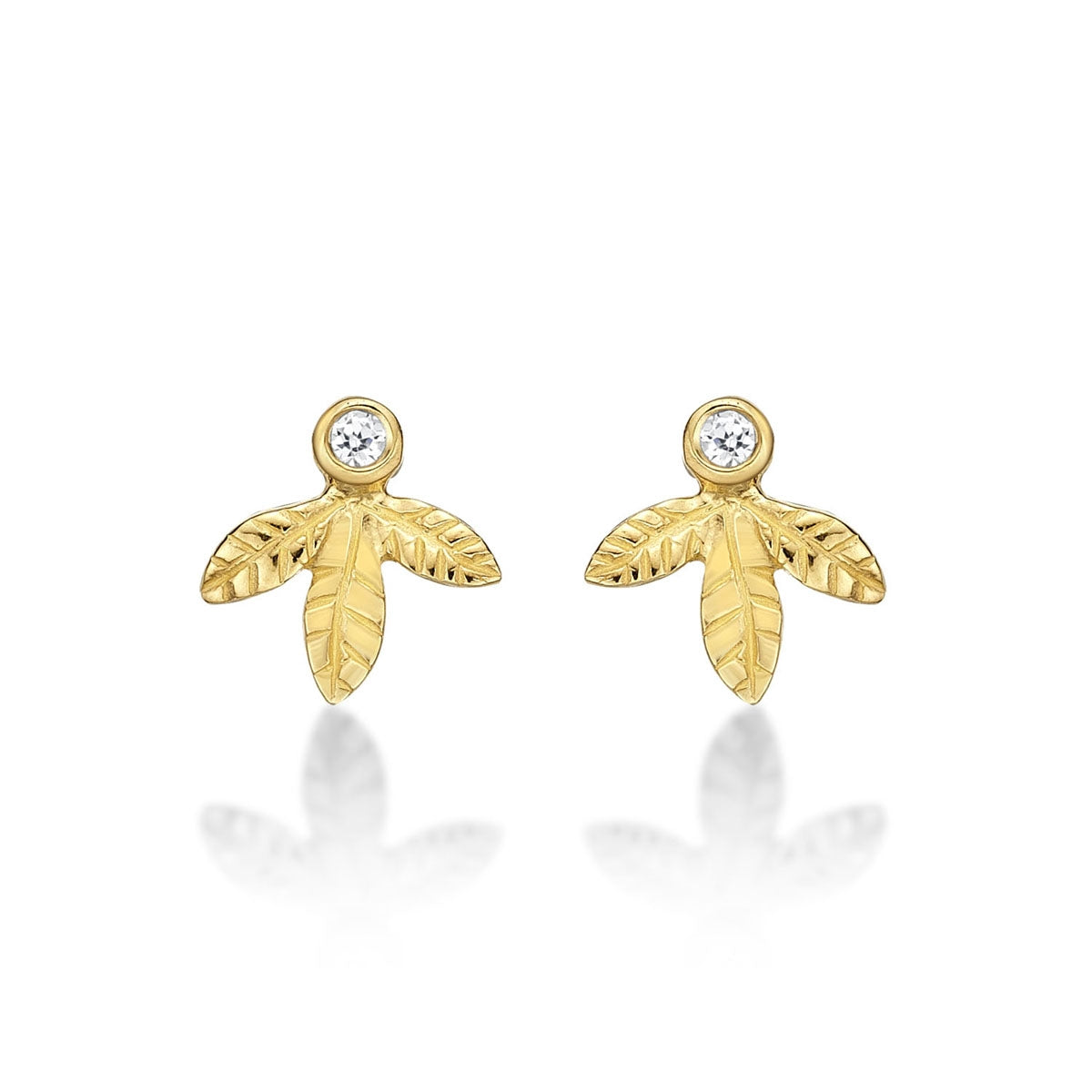 Yellow Gold Plated Sterling Silver Leaf Earrings with Cubic Zirconia