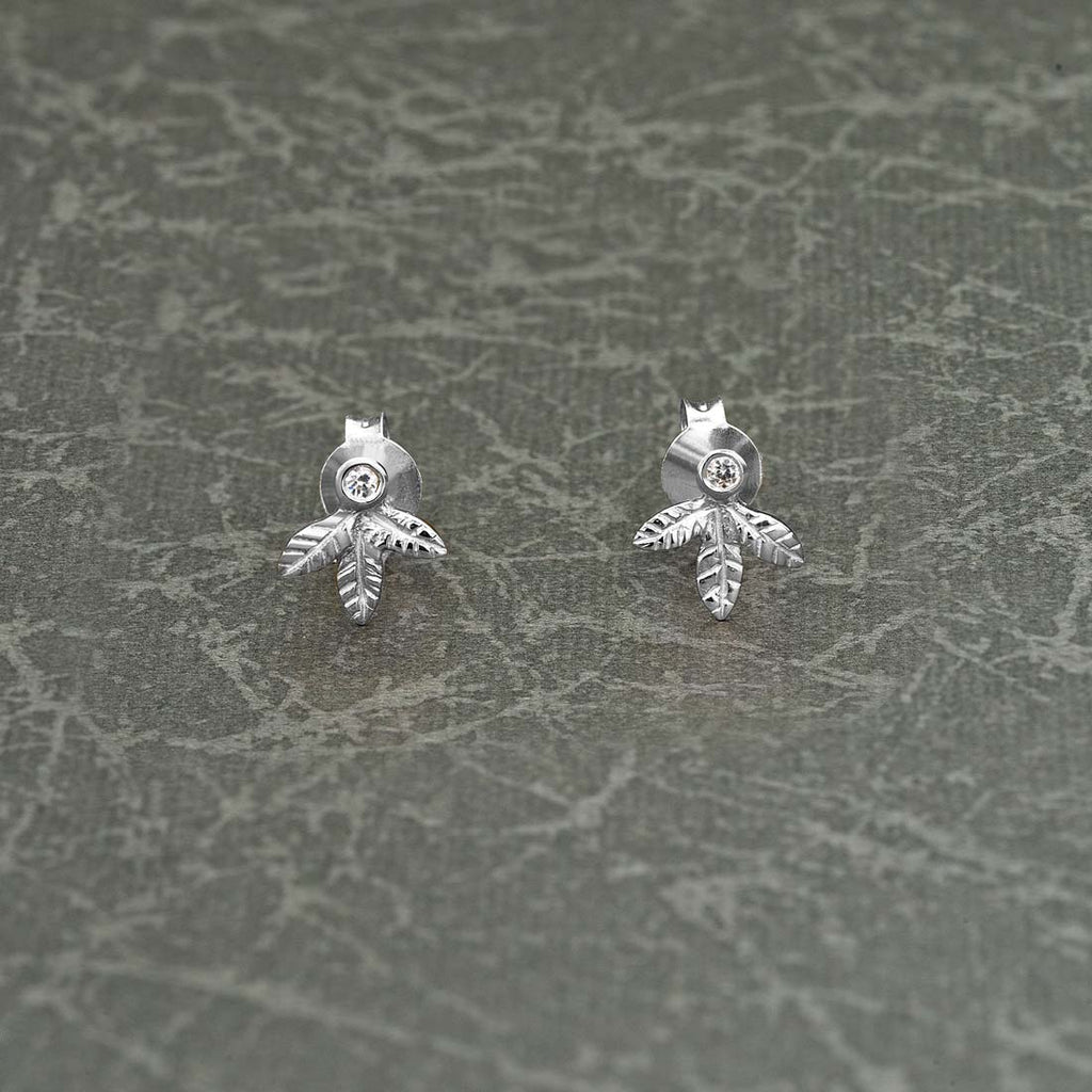 Sterling Silver Small Leaf Earrings with Cubic Zirconia