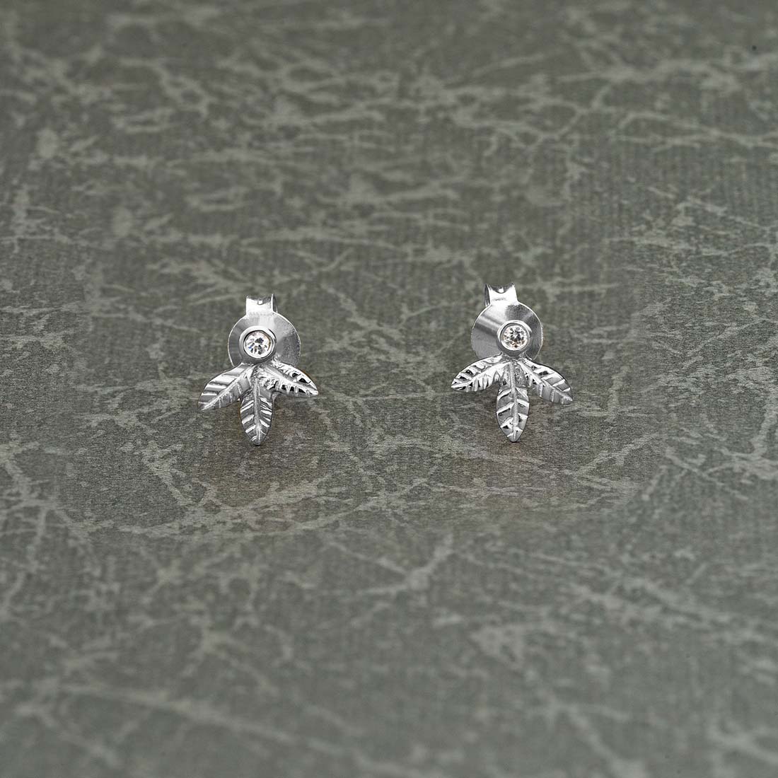 Sterling Silver Small Leaf Earrings with Cubic Zirconia