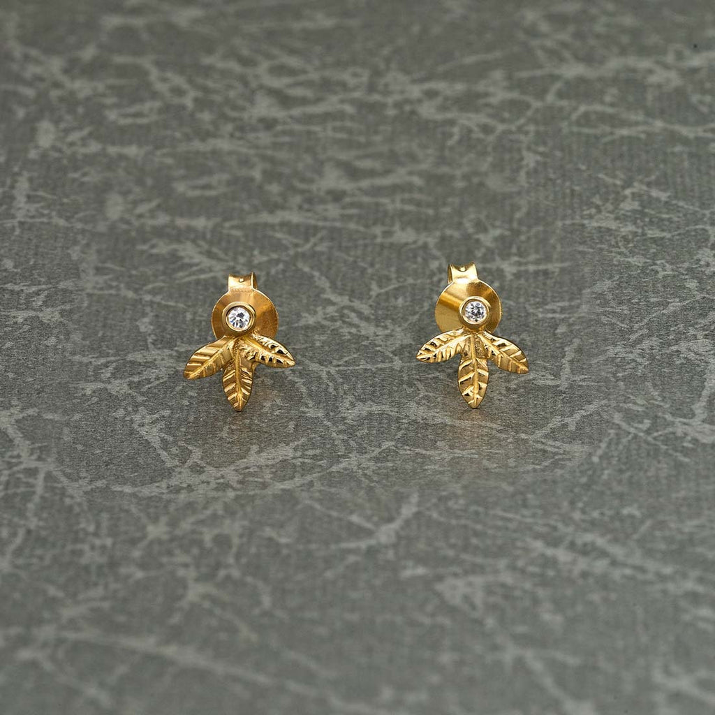 Yellow Gold Plated Sterling Silver Leaf Earrings with Cubic Zirconia
