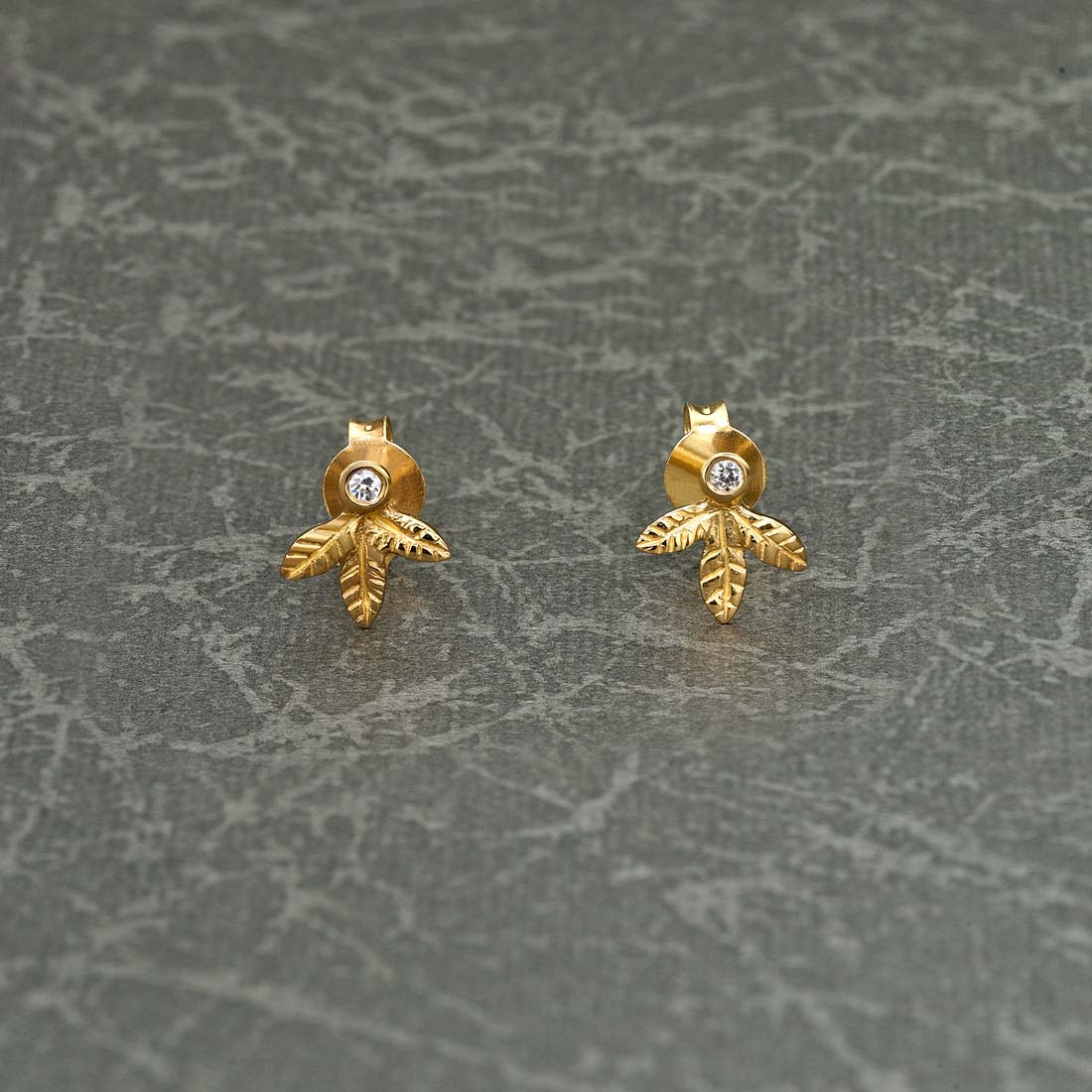 Yellow Gold Plated Sterling Silver Leaf Earrings with Cubic Zirconia