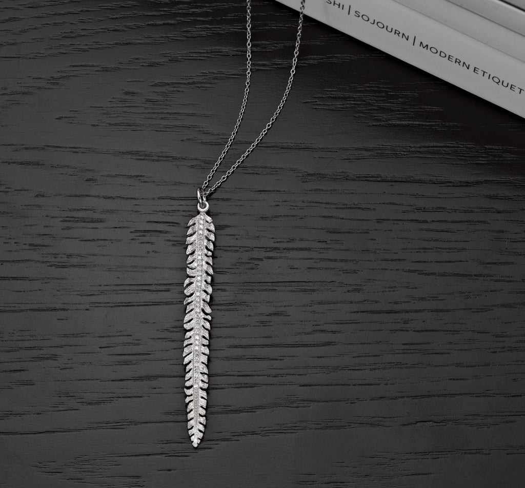 Sterling Silver FEATHER Pendant Necklace with Cubic Zirconia