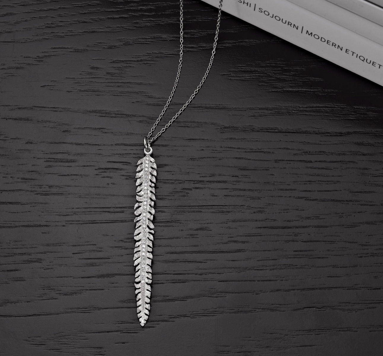 Sterling Silver FEATHER Pendant Necklace with Cubic Zirconia