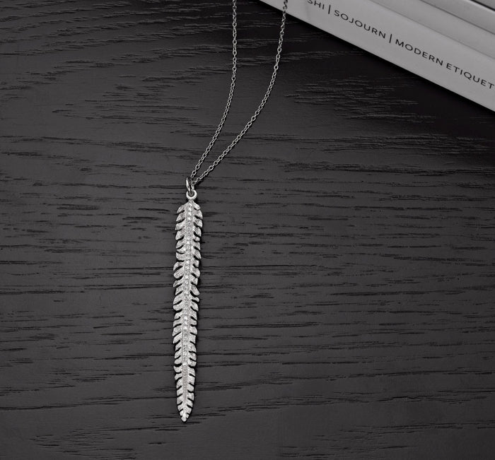 Sterling Silver FEATHER Pendant Necklace with Cubic Zirconia
