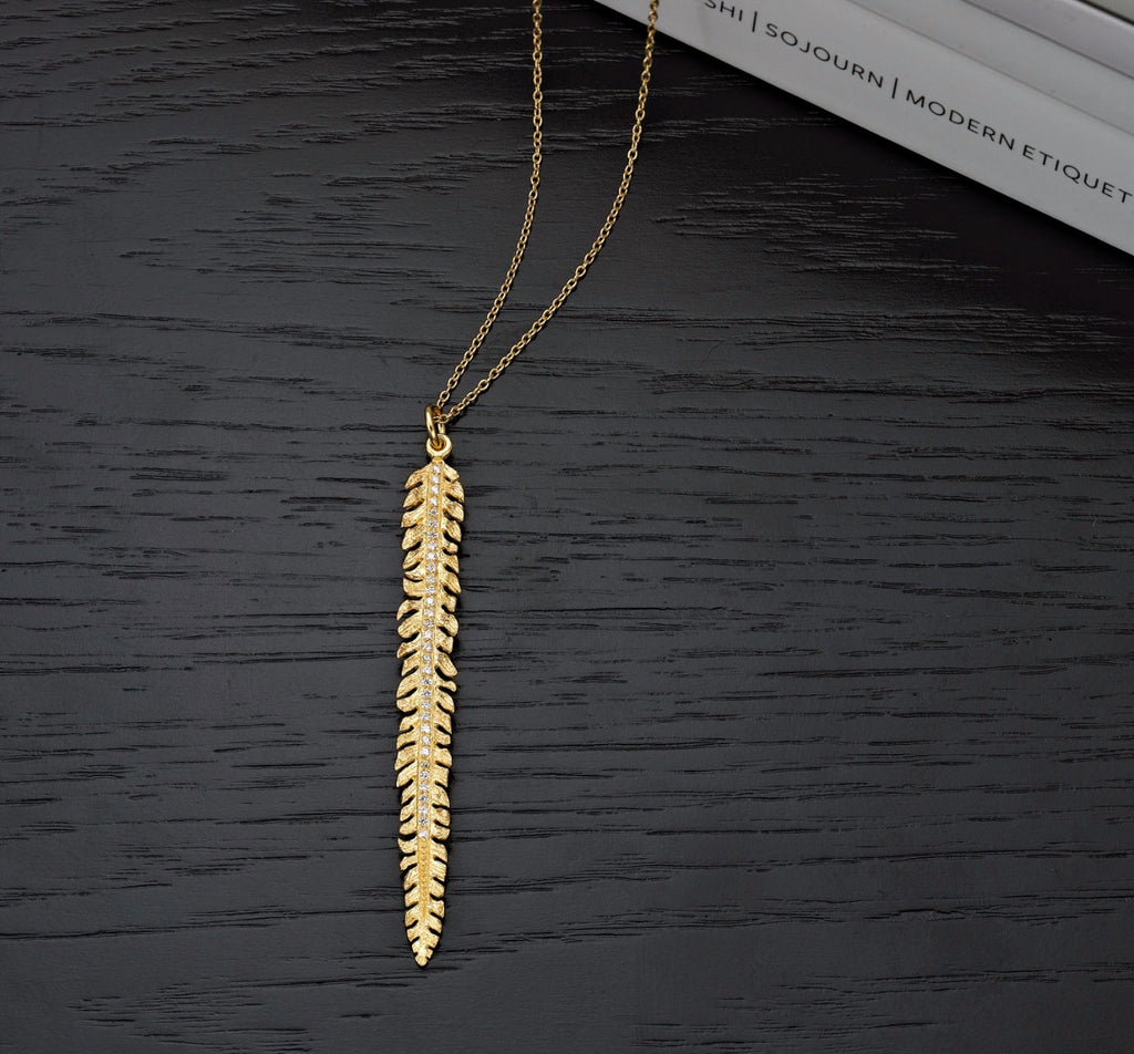 Gold Plated Sterling Silver FEATHER Pendant Necklace with Cubic Zirconia