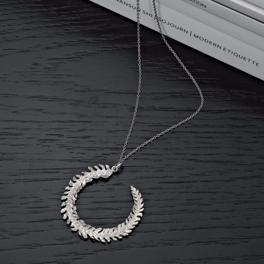 Sterling Silver CURLED FEATHER Pendant Necklace with Cubic Zirconia