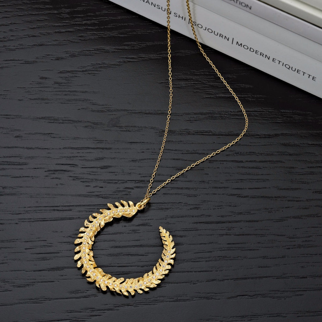 Gold Plated Sterling Silver CURLED FEATHER Pendant Necklace with Cubic Zirconia