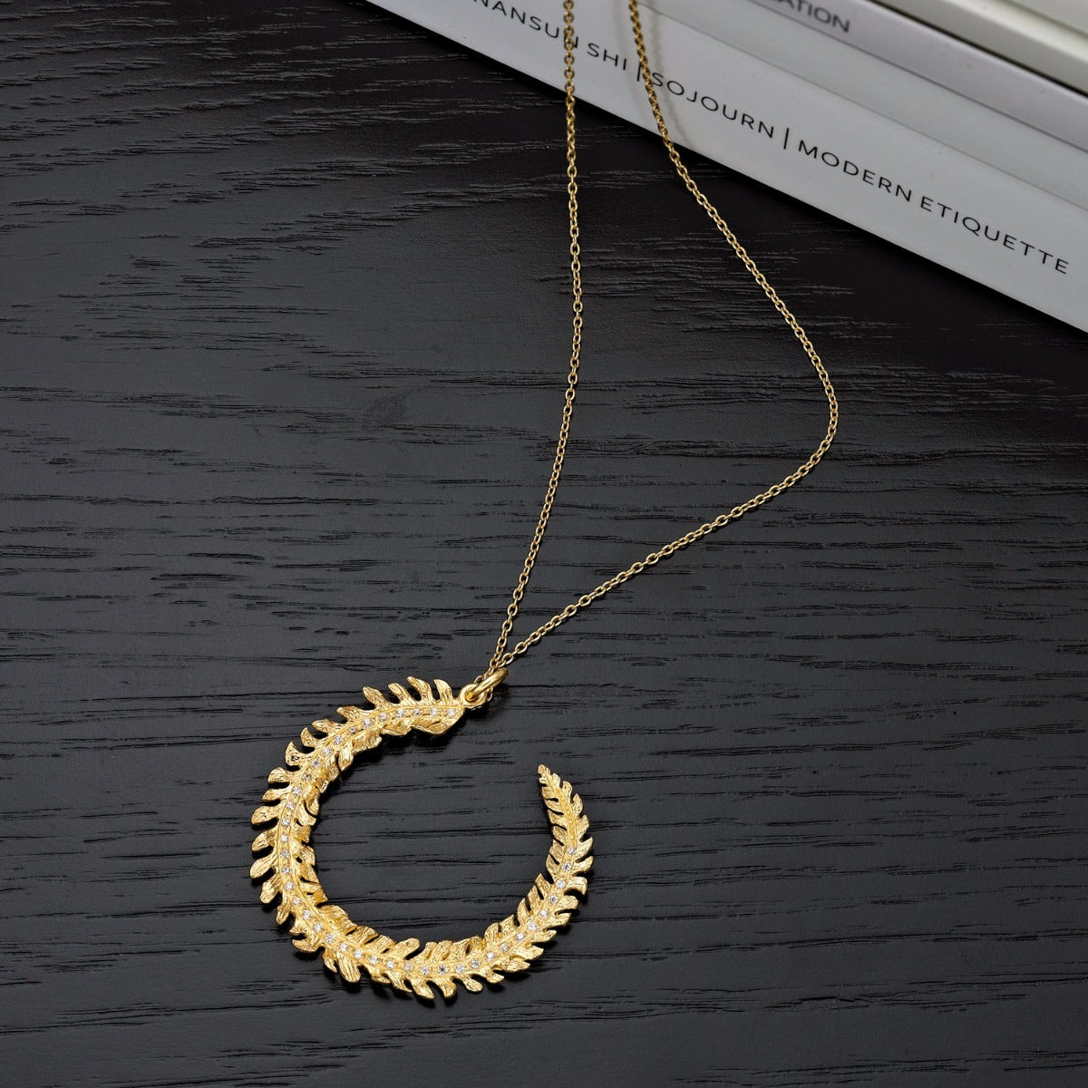 Gold Plated Sterling Silver CURLED FEATHER Pendant Necklace with Cubic Zirconia