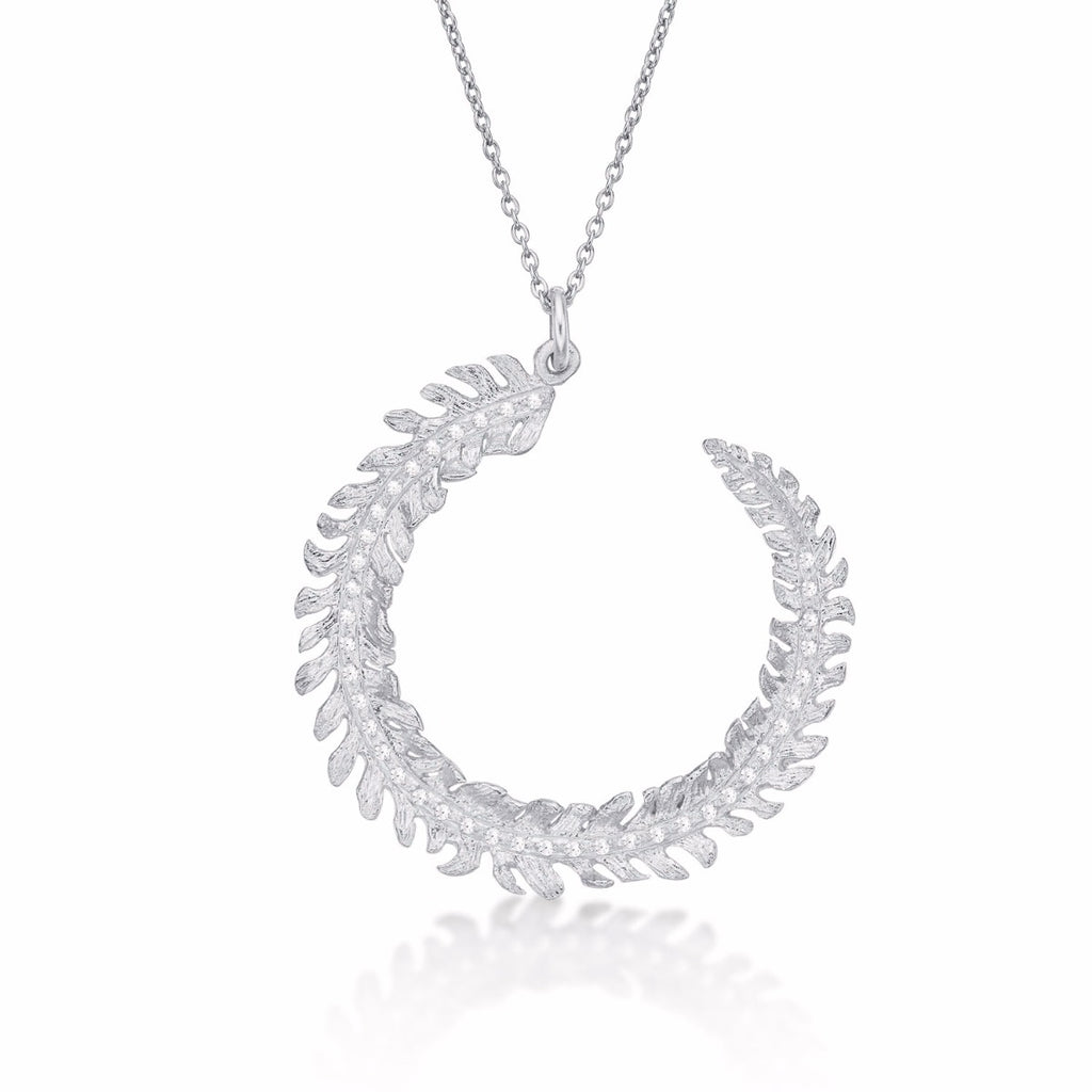 Sterling Silver CURLED FEATHER Pendant Necklace with Cubic Zirconia