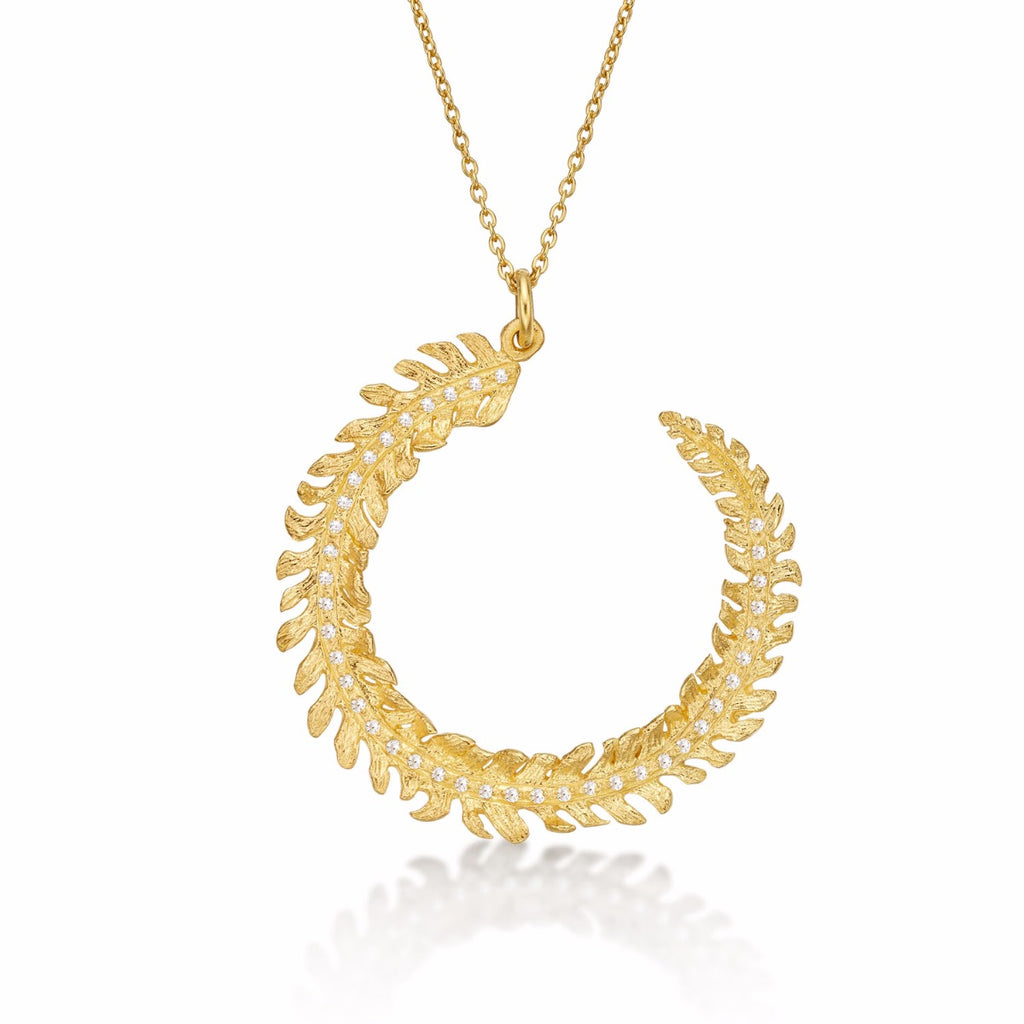 Gold Plated Sterling Silver CURLED FEATHER Pendant Necklace with Cubic Zirconia
