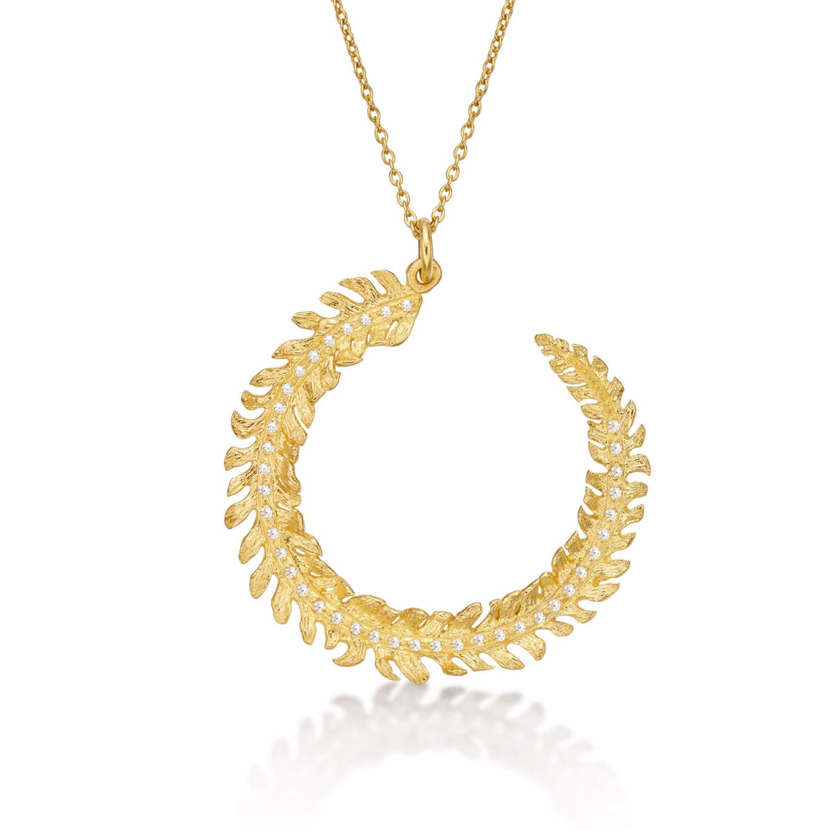 Gold Plated Sterling Silver CURLED FEATHER Pendant Necklace with Cubic Zirconia