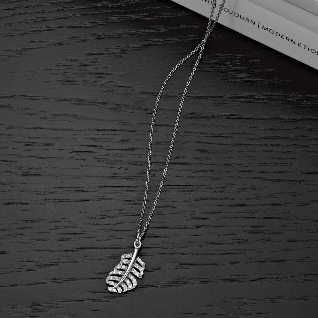 Sterling Silver ORNATE FEATHER Pendant Necklace with Cubic Zirconia