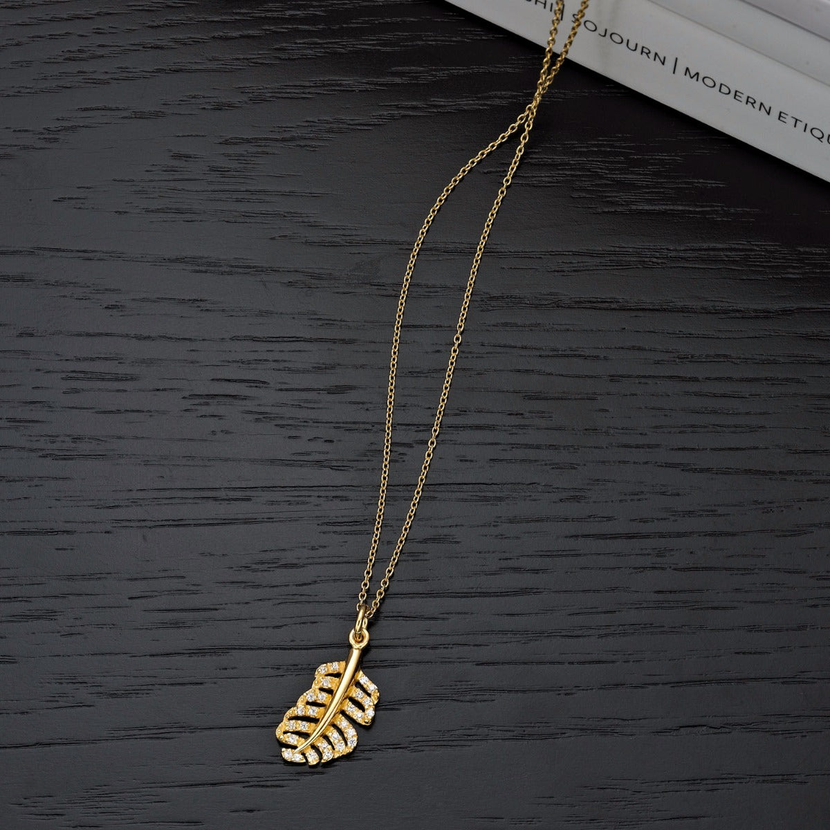 Gold Plated Sterling Silver ORNATE FEATHER Pendant Necklace with Cubic Zirconia
