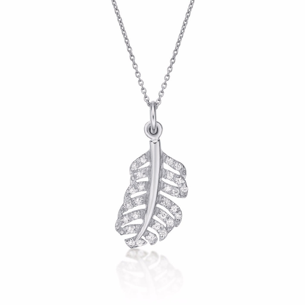 Sterling Silver ORNATE FEATHER Pendant Necklace with Cubic Zirconia