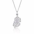 Sterling Silver ORNATE FEATHER Pendant Necklace with Cubic Zirconia