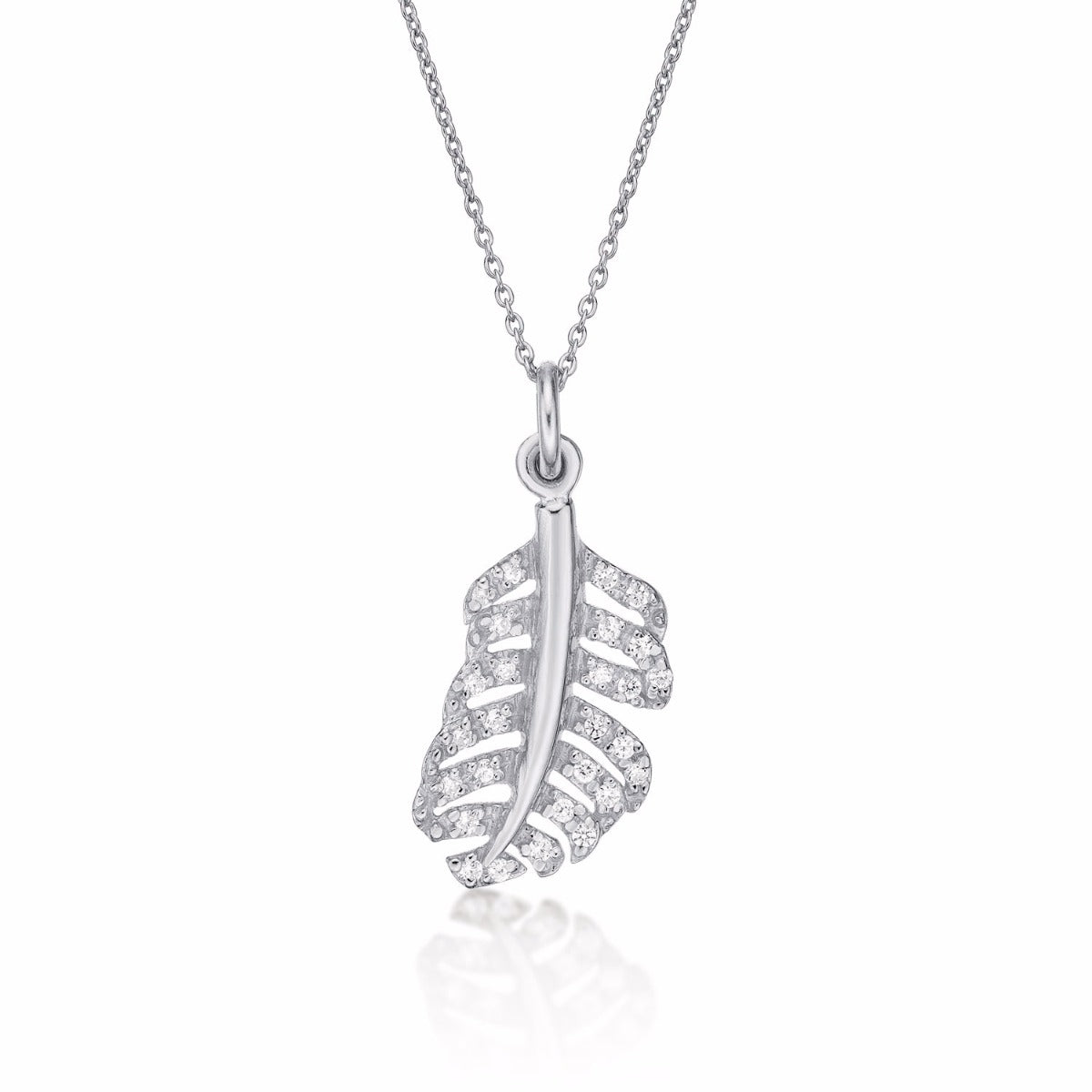 Sterling Silver ORNATE FEATHER Pendant Necklace with Cubic Zirconia