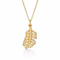 Gold Plated Sterling Silver ORNATE FEATHER Pendant Necklace with Cubic Zirconia