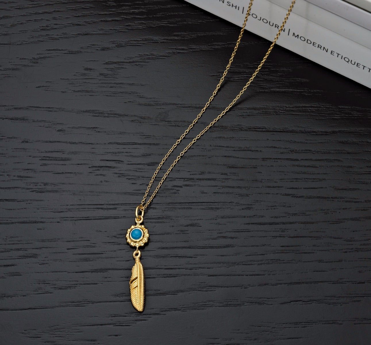 Gold Plated Sterling Silver INDIAN FEATHER Pendant Necklace with Cubic Zirconia