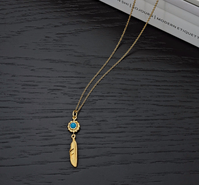 Gold Plated Sterling Silver INDIAN FEATHER Pendant Necklace with Cubic Zirconia