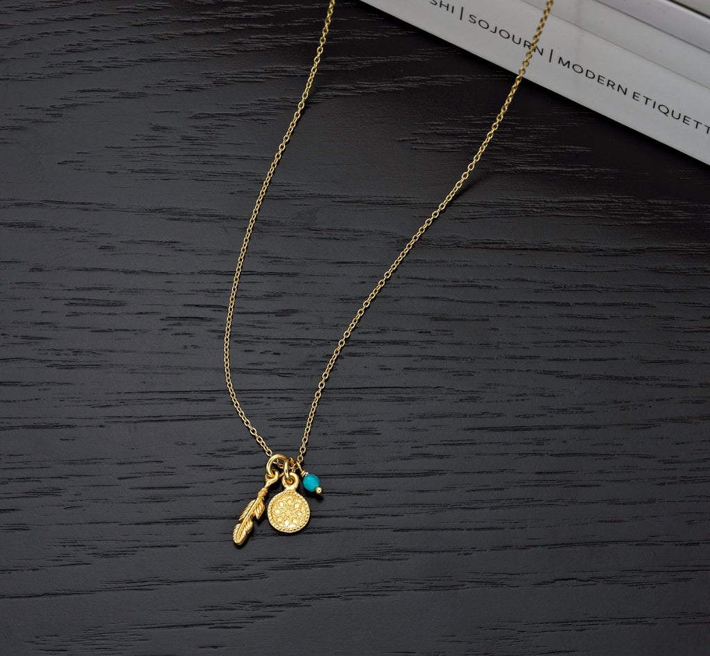Gold Plate Sterling Silver CHARM Pendant Necklace with Blue Turquoise