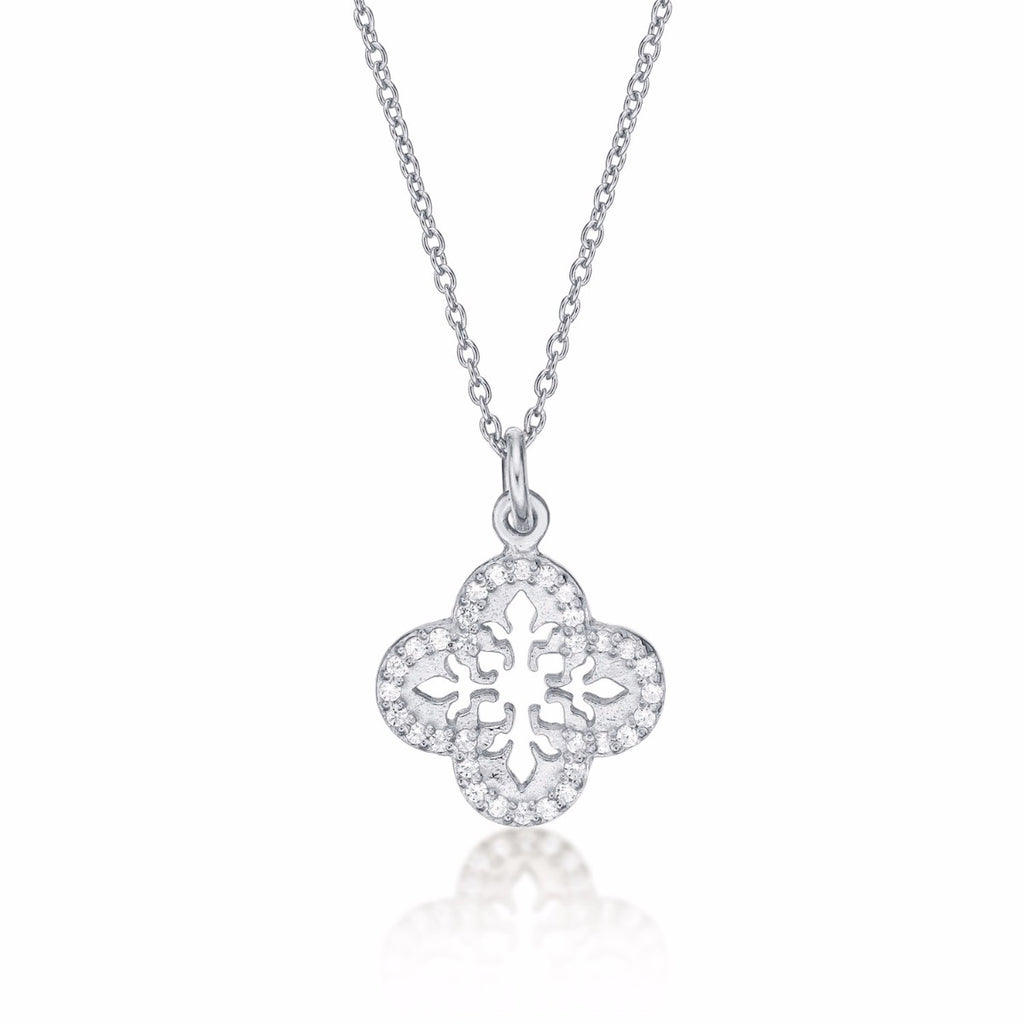 Sterling Silver ORNATE CLOVER Pendant Necklace with Cubic Zirconia