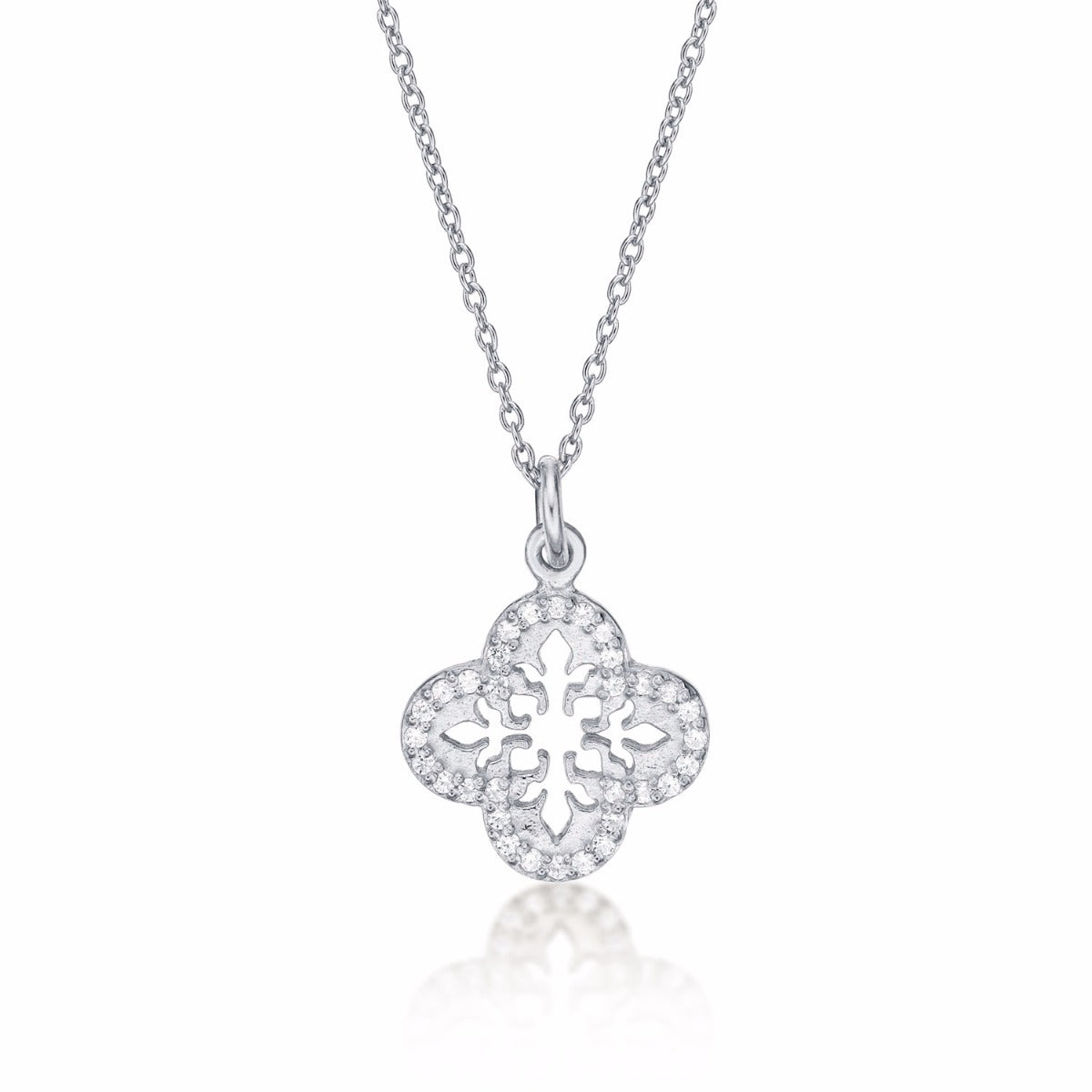 Sterling Silver ORNATE CLOVER Pendant Necklace with Cubic Zirconia