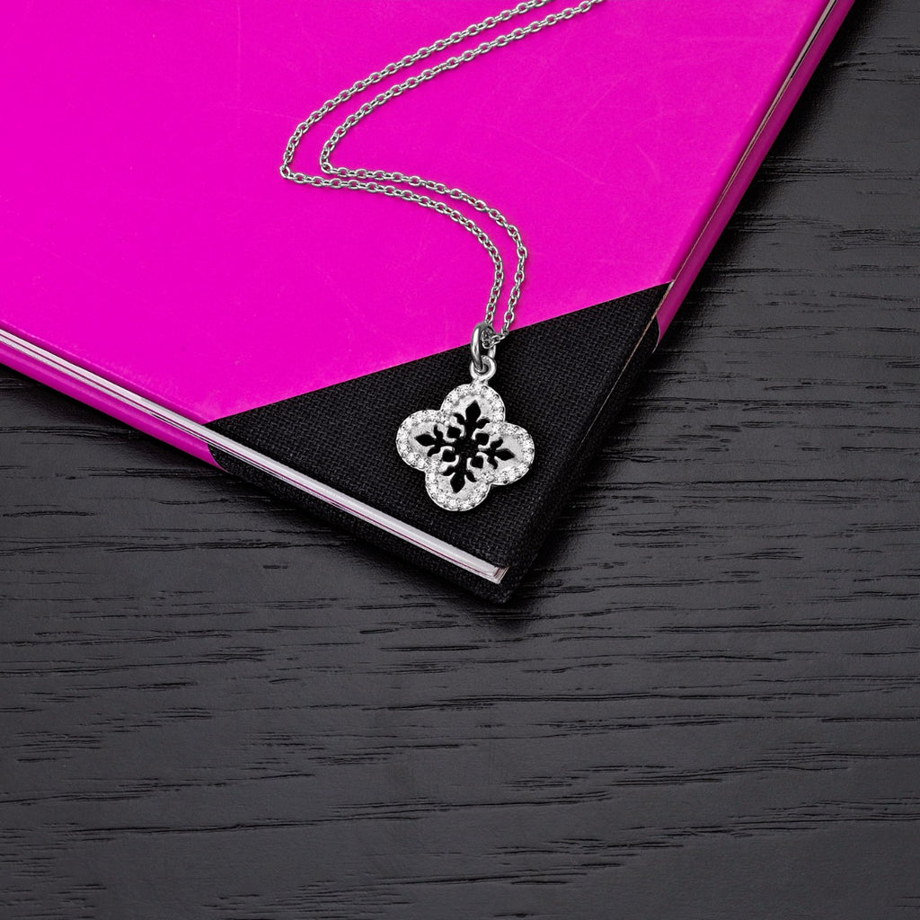 Sterling Silver ORNATE CLOVER Pendant Necklace with Cubic Zirconia