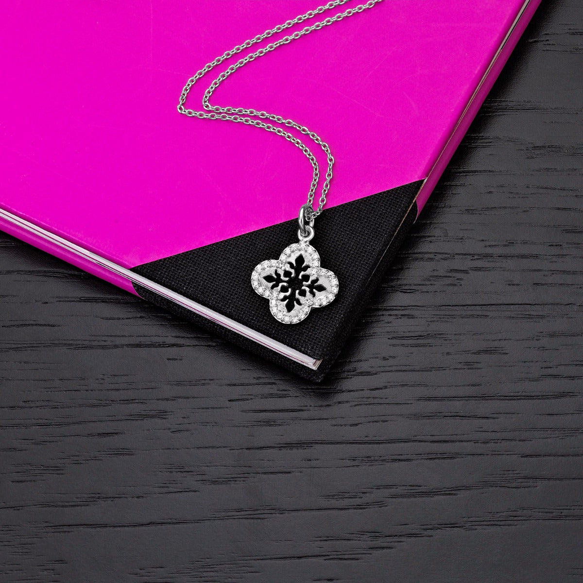 Sterling Silver ORNATE CLOVER Pendant Necklace with Cubic Zirconia