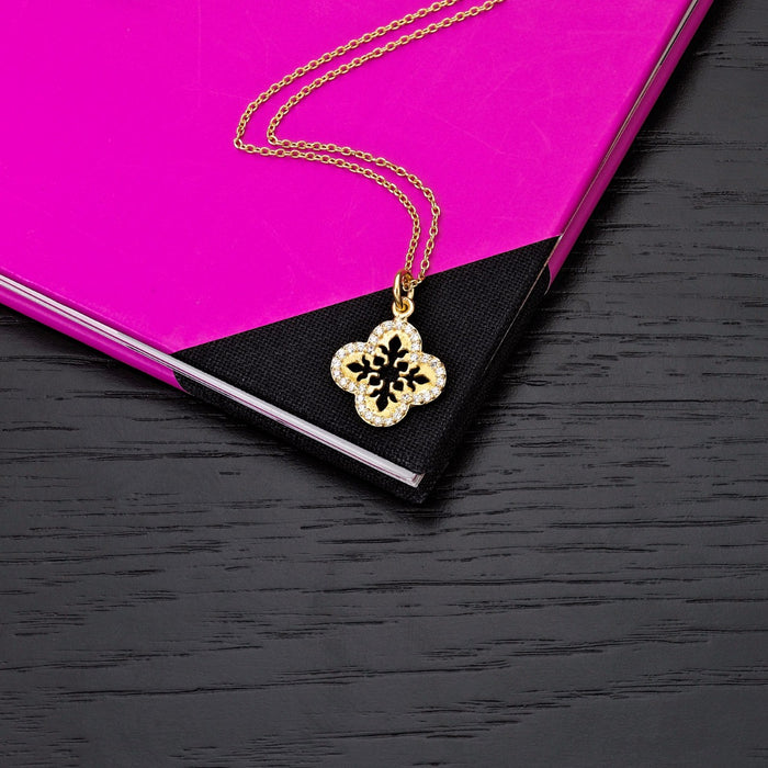 Gold Plated Sterling Silver ORNATE CLOVER Pendant Necklace with Cubic Zirconia